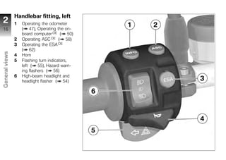 Handlebar fitting, left
2               1   Operating the odometer
 16                 ( 47), Operating the on-
                    board computer OE ( 50)
                2   Operating ASC OE ( 58)
                3   Operating the ESA OE
                    ( 62)
General views




                4   Horn
                5   Flashing turn indicators,
                    left ( 55), Hazard warn-
                    ing flashers ( 56)
                6   High-beam headlight and
                    headlight flasher ( 54)
z
 