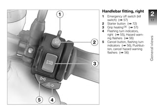 Handlebar fitting, right
1   Emergency off switch (kill       2
    switch) ( 57)                     17
2   Starter button ( 72)
3   Grip heating OE ( 57)
4   Flashing turn indicators,
    right ( 55), Hazard warn-




                                   General views
    ing flashers ( 56)
5   Cancel button, flashing turn
    indicators ( 56), Pushbut-
    ton, cancel hazard warning
    flashers ( 56)

                                    z
 