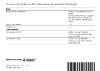 The most important data for a filling-station stop can be found in the following chart:

Fuel
Recommended fuel grade                                                      98 ROZ/RON, Premium plus un-
                                                                            leaded
                                                                            95 ROZ/RON, Premium unleaded
                                                                            (fuel grade, usable with power-
                                                                            and consumption-related restric-
                                                                            tions)
Usable fuel capacity                                                        19 l
Reserve fuel                                                                ≥4 l
Tyre pressure
Tyre pressure, front                                                        2.5 bar, one-up, tyre cold
                                                                            2.5 bar, two-up and/or with lug-
                                                                            gage, tyre cold
Tyre pressure, rear                                                         2.9 bar, one-up, tyre cold
                                                                            2.9 bar, two-up and/or with lug-
                                                                            gage, tyre cold




BMW recommends


Order No. 01 41 7 712 101                                                 *01417712101*
                                                                          *01417712101*
07.2007, 4th edition
 