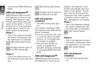 an authorised BMW Motorrad             ABS warning light flashes.      erability. Self-diagnosis is per-
5          dealer.                                                                formed automatically when you
                                                                                  switch on the ignition. The en-
74       ABS self-diagnosis OE                    Possible national variant of
                                                                                  gine must be running and the
                                                  the ABS warning light.
         BMW Motorrad ABS performs                                                motorcycle must reach a speed
         self-diagnosis to ensure its op-                                         of at least 5 km/h in order for
         erability. Self-diagnosis is per-   ABS self-diagnosis
                                                                                  ASC self-diagnosis to complete.
         formed automatically when you       completed
                                                                                  Phase 1
Riding




         switch on the ignition. The mo-        The ABS warning light goes
                                                                                    Test of the diagnosis-compat-
         torcycle has to move forward at        out.
                                                                                    ible system components with
z        a speed above 5 km/h for the        If an indicator showing an ABS         the motorcycle at a standstill.
         wheel sensors to be tested.         fault appears when ABS self-dia-
                                                                                         ASC symbol flashes.
         Phase 1                             gnosis completes:
           Test of the diagnosis-compat-        You can continue to ride. Bear
           ible system components with          in mind that neither the ABS
                                                                                  Phase 2
           the motorcycle at a standstill.      function nor the integral brak-
                                                ing function is available.         Test of the diagnosis-compat-
                ABS warning light flashes.                                         ible system components while
                                                Have the fault rectified as
                                                                                   the motorcycle is on the move.
                                                quickly as possible by a
              Possible national variant of      specialist workshop, preferably        ASC symbol flashes.
              the ABS warning light.            an authorised BMW Motorrad
                                                dealer.
         Phase 2                                                                  ASC self-diagnosis
          Test of the wheel sensors as       ASC self-diagnosis OE                completed
          the motorcycle pulls away from     BMW Motorrad ASC performs              The ASC warning light goes
          rest.                              self-diagnosis to ensure its op-       out.
 