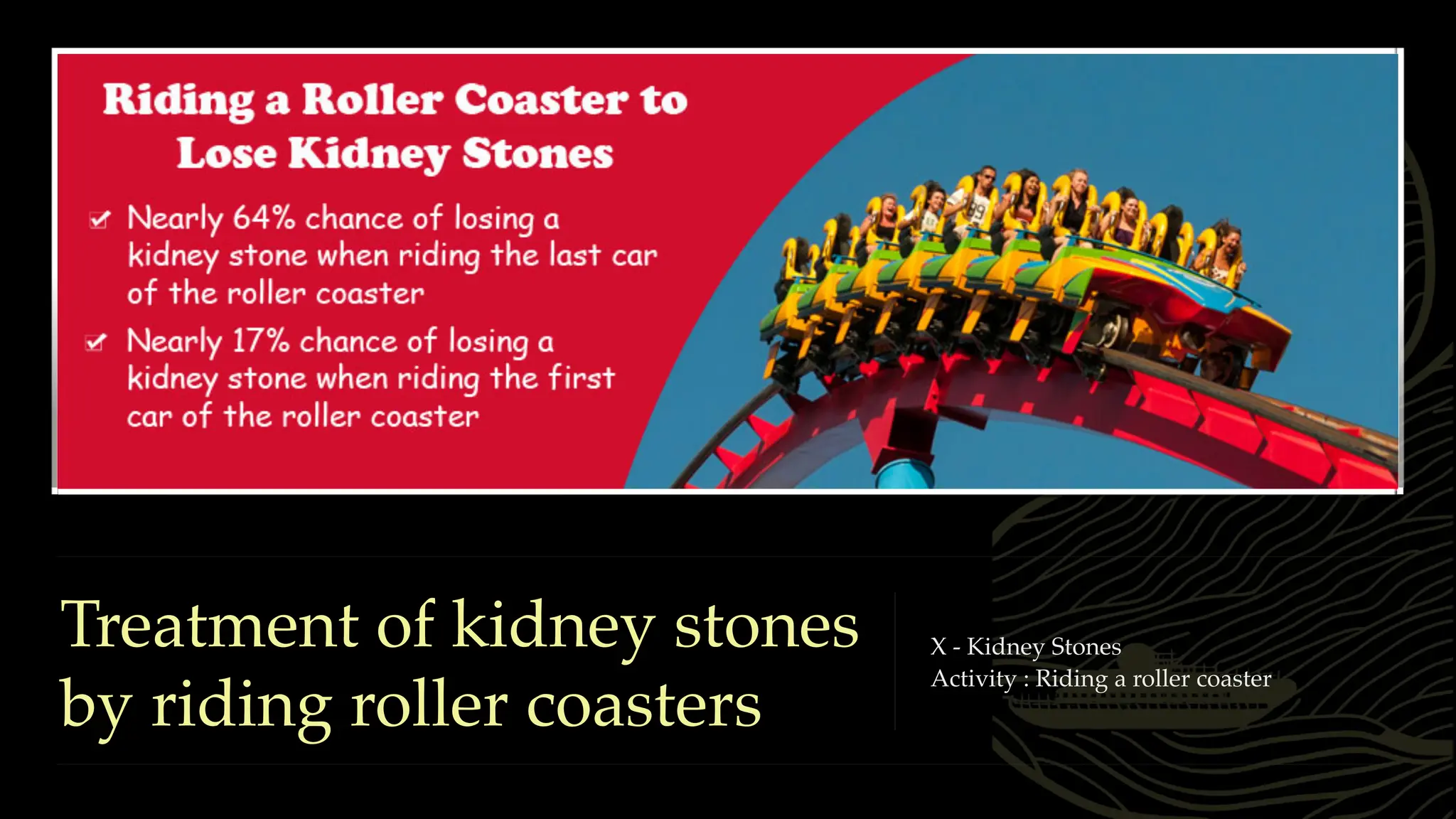 Treatment of kidney stones
by riding roller coasters
X - Kidney Stones
Activity : Riding a roller coaster
 