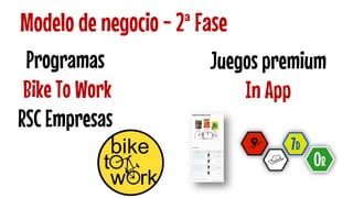Programas 
Bike To Work 
RSC Empresas 
Modelo de negocio - 2ª Fase 
Juegos premium 
In App  