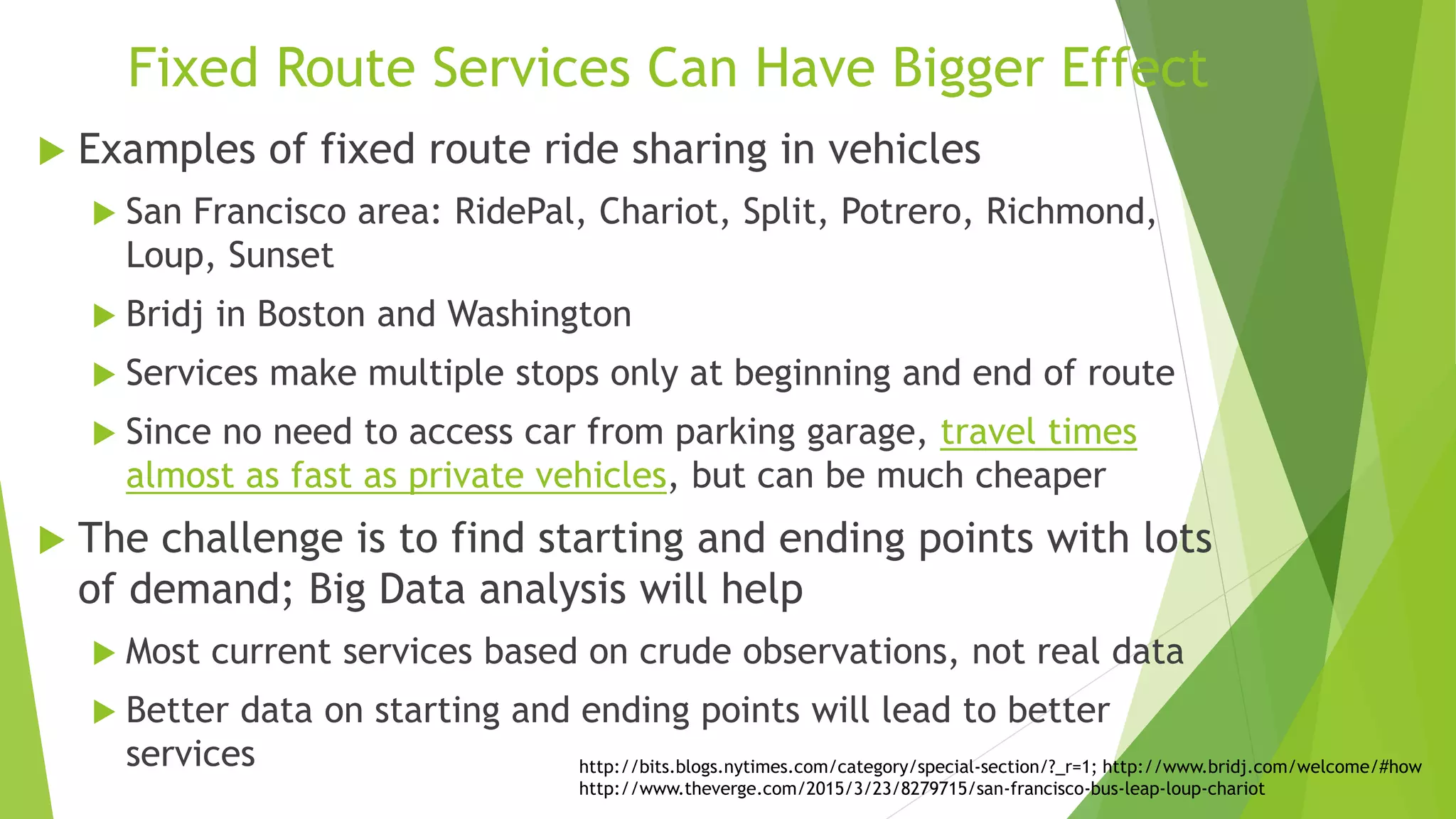 Travel Time
Price
Multiple Passenger Ride Sharing can Change the
Economics of Commuting
Private vehicle
or private taxi
Multiple
passenger
ride sharing
Public
TransportBEST: want
low price,
short time
 