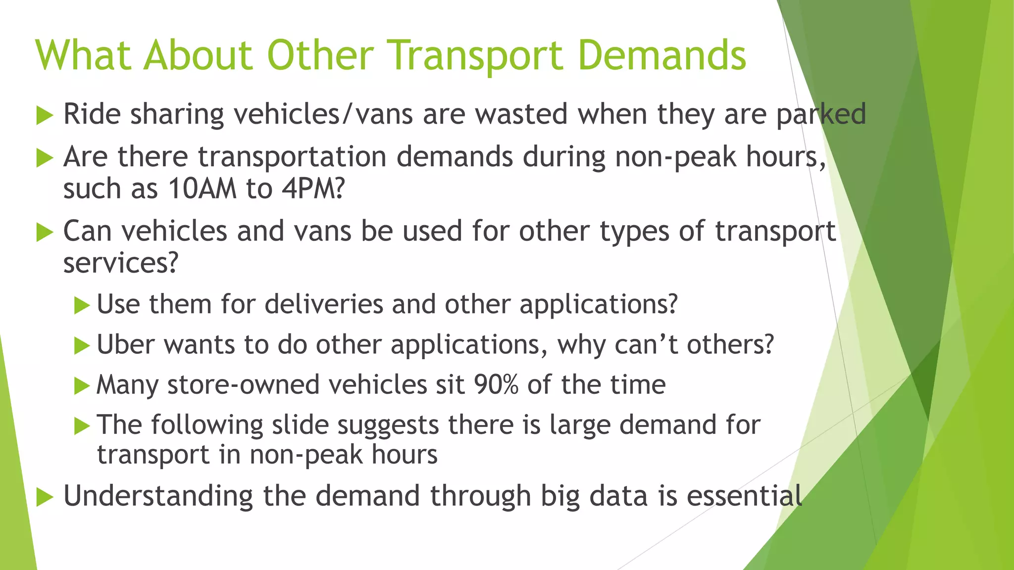 RidePal
It offers a number of
fixed route services that
connect starting and
ending points with high
demand
Picture shows SF and
Sunnyvale
Also provides services
for specific companies
(they know addresses of
their employees)
https://www.ridepal.com/#/
 
