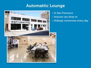 Automattic Lounge
• In San Francisco
• Anyone can drop-in
• Nobody commutes every day
 
