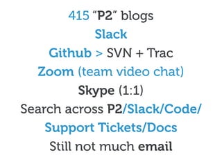 415 “P2” blogs
Slack
Github > SVN + Trac
Zoom (team video chat)
Skype (1:1)
Search across P2/Slack/Code/
Support Tickets/Docs
Still not much email
 