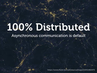 100% Distributed
Asynchronous communication is default
https://www.ﬂickr.com/photos/uclmaps/15051460475
 