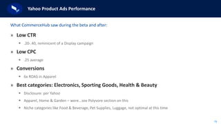 19
Yahoo Product Ads Performance
» Low CTR
 .20-.40, reminicent of a Display campaign
» Low CPC
 .25 average
» Conversions
 6x ROAS in Apparel
» Best categories: Electronics, Sporting Goods, Health & Beauty
 Disclosure: per Yahoo
 Apparel, Home & Garden – were…see Polyvore section on this
 Niche categories like Food & Beverage, Pet Supplies, Luggage, not optimal at this time
What CommerceHub saw during the beta and after:
 