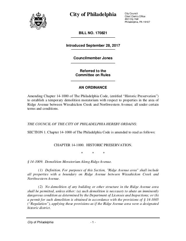 Ridge Avenue Temporary Demolition Moratorium