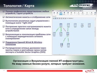 Топология / Карта
11
Организация и Визуализация полной ИТ-инфраструктуры.
На виду важные бизнес-услуги, которые требуют внимания.
 Полное графическое представление любых
устройств / групп устройств
 Автоматические макеты и отображение сети
 Выполнение различных задач управления с
помощью всего “right click“
 Построение простого настраиваемого макета
сети и определение связи между
устройствами
 Визуализация и локализация проблемы сети
с помощью периодического сетевого
сканирования
 Поддержка Единой Wired & Wireless
топологии
 Распределение сетевых диаграмм через
группы пиров в кратчайшие сроки путем
экспорта в Scalable Vector Graphics (SVG)
 