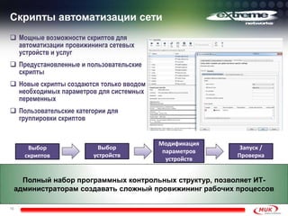 Скрипты автоматизации сети
13
Полный набор программных контрольных структур, позволяет ИТ-
администраторам создавать сложный провижининг рабочих процессов
 Мощные возможности скриптов для
автоматизации провижининга сетевых
устройств и услуг
 Предустановленные и пользовательские
скрипты
 Новые скрипты создаются только вводом
необходимых параметров для системных
переменных
 Пользовательские категории для
группировки скриптов
Выбор
скриптов
Выбор
устройств
Модификация
параметров
устройств
Запуск /
Проверка
 
