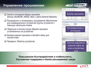 Управление прошивками
7
 Скачать последние образы прошивок
(Device, BootROM, XMOD, Slot) с сайта Extreme Networks
 Распределить и активировать программное обеспечение
для индивидуального устройства (группы устройств) с
помощью нескольких кликов
 Убедиться в полном списке образов прошивок
установленных на устройства
 Базовые версии прошивок и deviation status для
соответствия
 Проверить Telnet’ом устройство
Выбор прошивок
Распределение и
активация
Полная видимость
версий софта на
всех устройствах
сети
Повышенное быстродействие и стабильность.
Улучшенная поддержка и более расширяемая среда
 
