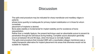 Discussion
23
The split-crest procedure may be indicated for sharp mandibular and maxillary ridges in
patients
whose bone quantity is inadequate for primary implant stabilization or in those for whom
immediate
placement of implants is desired.
Bone plate stability is fundamental for implant stability and for avoidance of bone
sequestration.
Rather than a metallic ligature, the present technique used an absorbable suture to prevent its
penetration through the soft tissue during healing. Complete suture absorption generally
occurs at between 60 and 90 days, when the tissue is normally healed.
The split-crest procedure that included GBR with a resorbable collagen membrane was a
viable therapeutic alternative for implant placement into areas that otherwise would not be
suitable for implants.
 