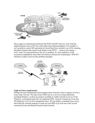 Due to gaps in communication between the PSTN and SIP, however, most Asterisk
implementations rely on PCI line cards rather than outboard adapters. For example, it
isn’t possible to send a SIP equivalent of a hook flash from Asterisk to an ATA, meaning
that phone features that require hook flashes to the PSTN — such as call waiting —
won’t work. For most businesses, this isn’t a problem. It’s more indicative of the
occasional compatibility issues that exist between old and new technologies. With PCI
interfaces in place, however this problems dissipate.




Light on Linux requirements
Perhaps the most fundamental misconception about Asterisk is that it requires us to be a
Linux shop. Not true. The open source PBX runs as a service on many platforms,
including Windows, as there are projects available to enable Asterisk to run on 32-bit
Windows. Constructed much like our traditional PBX, Asterisk is based on a Unix-like
OS hidden by a CLI or GUI management layer. We can deploy a standard Linux server
and install the Asterisk package to create our own PBX or go with one of the several
customized Linux distributions based around Asterisk.
 