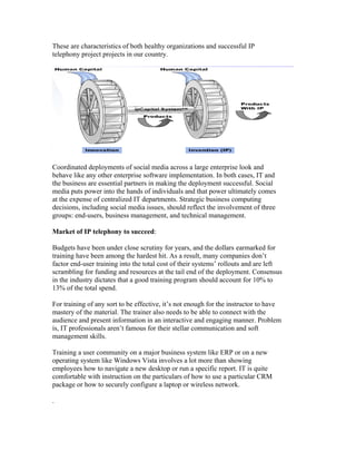 These are characteristics of both healthy organizations and successful IP
telephony project projects in our country.




Coordinated deployments of social media across a large enterprise look and
behave like any other enterprise software implementation. In both cases, IT and
the business are essential partners in making the deployment successful. Social
media puts power into the hands of individuals and that power ultimately comes
at the expense of centralized IT departments. Strategic business computing
decisions, including social media issues, should reflect the involvement of three
groups: end-users, business management, and technical management.

Market of IP telephony to succeed:

Budgets have been under close scrutiny for years, and the dollars earmarked for
training have been among the hardest hit. As a result, many companies don’t
factor end-user training into the total cost of their systems’ rollouts and are left
scrambling for funding and resources at the tail end of the deployment. Consensus
in the industry dictates that a good training program should account for 10% to
13% of the total spend.

For training of any sort to be effective, it’s not enough for the instructor to have
mastery of the material. The trainer also needs to be able to connect with the
audience and present information in an interactive and engaging manner. Problem
is, IT professionals aren’t famous for their stellar communication and soft
management skills.

Training a user community on a major business system like ERP or on a new
operating system like Windows Vista involves a lot more than showing
employees how to navigate a new desktop or run a specific report. IT is quite
comfortable with instruction on the particulars of how to use a particular CRM
package or how to securely configure a laptop or wireless network.

.
 