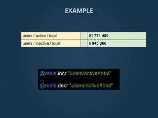 @redis.incr "users/active/total"
...
@redis.decr "users/active/total"
users / active / total 61 771 480
users / inactive / total 6 943 366
EXAMPLE
 