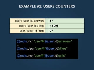 @redis.incr "user/#{@user.id}/answers"
..
@redis.decr "user/#{@user.id}/likes"
..
@redis.incr "user/#{@user.id}/gifts"
user / :user_id/ answers 57
user / :user_id / likes 13 905
user / :user_id / gifts 27
EXAMPLE #2: USERS COUNTERS
 