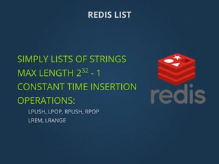 REDIS LIST
SIMPLY LISTS OF STRINGS
MAX LENGTH 232
- 1
CONSTANT TIME INSERTION
OPERATIONS:
LPUSH, LPOP, RPUSH, RPOP
LREM, LRANGE
 
