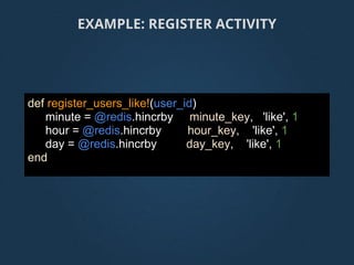 def register_users_like!(user_id)
minute = @redis.hincrby minute_key, 'like', 1
hour = @redis.hincrby hour_key, 'like', 1
day = @redis.hincrby day_key, 'like', 1
end
EXAMPLE: REGISTER ACTIVITY
 
