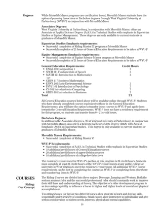 COURSES
Riding:
Our Concept
10
While Meredith Manor programs are certification based, Meredith Manor students have the
option of pursuing Associates or Bachelors degrees through West Virginia University at
Parkersburg (WVU-P) in conjunction with Meredith Manor.
Associates Degrees:
West Virginia University at Parkersburg, in conjunction with Meredith Manor, offers an
Associate of Applied Science Degree (A.A.S.) in Technical Studies with emphasis in Equestrian
Studies or Equine Management. These degrees are only available to current students or
graduates of Meredith Manor.
Equestrian Studies Emphasis requirements:
• Successful completion of Riding Master III program at Meredith Manor
• Successful completion of 21 hours of General Education Requirements to be taken at WVU-P
Equine Management Emphasis requirements:
• Successful completion of Equine Science Master program at Meredith Manor
• Successful completion of 21 hours of General Education Requirements to be taken at WVU-P
General Education Requirements: Credit Hours
• ENGL 101 Composition 1 3
• SPCH 111 Fundamentals of Speech 3
• MATH 121 Introduction to Mathematics 3
- or -
• GBUS 117 Business Mathematics
• ENVR 102 Basic Environmental Science 3
• PSYC 101 Introduction to Psychology 3
• CS 101 Introduction to Computing 3
• GBUS 101 Introduction to Business 3
Total 21
All General Education courses listed above will be available online through WVU-P. Students
who have already completed courses equivalent to those in the General Education
Requirements, you will have the option to transfer those courses to WVU-P and apply them
towards the General Education Requirements. WVU-P does not have a residency requirement
for this program, so students can transfer from 0 – 21 credit hours.
Bachelors Degrees:
In addition to the Associates Degrees, West Virginia University at Parkersburg, in conjunction
with Meredith Manor, also offers a Regents Bachelor of Arts Degree (RBA) with Area of
Emphasis (AOE) in Equestrian Studies. This degree is only available to current students or
graduates of Meredith Manor.
Meredith Manor Requirements:
• Successful completion of Riding Master VI
WVU-P Requirements:
• Successful completion of A.A.S. in Technical Studies with emphasis in Equestrian Studies
• 18 additional credit hours of General Education courses
• 20 additional credit hours of upper-division courses
• 10 additional credit hours of college-level electives
The residency requirement for WVU-P’s portion of this program is 24 credit hours. Students
must complete at least 24 credit hours of the WVU-P requirements at any public college or
university in West Virginia to meet the residency requirement. All additional WVU-P course
requirements can be met by completing the courses at WVU-P or completing them elsewhere
and transferring them to WVU-P.
The Riding Courses are divided into three majors: Dressage, Jumping and Western. Both the
serious amateur rider and the successful professional rider should constantly work to improve
their skill base and understanding of theory. The objective of a rider development program is
an increasing capability to influence a horse to higher and higher levels of mental and physical
accomplishment.
Two riding classes per day on two different horses allow students to learn and develop skills
sequentially under a variety of conditions. Small classes allow instructors to individualize and give
serious consideration to student needs, interests, physical and mental capabilities.
Degrees
 
