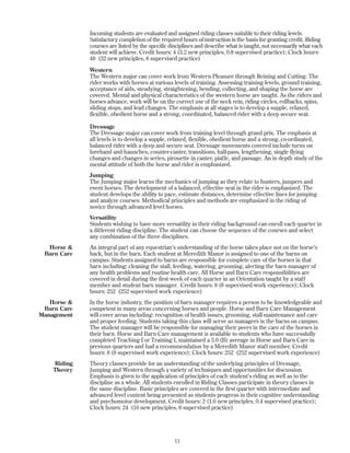Horse &
Barn Care
Horse &
Barn Care
Management
Riding
Theory
Incoming students are evaluated and assigned riding classes suitable to their riding levels.
Satisfactory completion of the required hours of instruction is the basis for granting credit. Riding
courses are listed by the specific disciplines and describe what is taught, not necessarily what each
student will achieve. Credit hours: 4 (3.2 new principles, 0.8 supervised practice); Clock hours:
48 (32 new principles, 8 supervised practice)
Western
The Western major can cover work from Western Pleasure through Reining and Cutting. The
rider works with horses at various levels of training. Assessing training levels, ground training,
acceptance of aids, steadying, straightening, bending, collecting, and shaping the horse are
covered. Mental and physical characteristics of the western horse are taught. As the riders and
horses advance, work will be on the correct use of the neck rein, riding circles, rollbacks, spins,
sliding stops, and lead changes. The emphasis at all stages is to develop a supple, relaxed,
flexible, obedient horse and a strong, coordinated, balanced rider with a deep secure seat.
Dressage
The Dressage major can cover work from training level through grand prix. The emphasis at
all levels is to develop a supple, relaxed, flexible, obedient horse and a strong, co-ordinated,
balanced rider with a deep and secure seat. Dressage movements covered include turns on
forehand and haunches, counter-canter, transitions, half-pass, lengthening, single flying
changes and changes in series, pirouette in canter, piaffe, and passage. An in depth study of the
mental attitude of both the horse and rider is emphasized.
Jumping
The Jumping major learns the mechanics of jumping as they relate to hunters, jumpers and
event horses. The development of a balanced, effective seat in the rider is emphasized. The
student develops the ability to pace, estimate distances, determine effective lines for jumping
and analyze courses. Methodical principles and methods are emphasized in the riding of
novice through advanced level horses.
Versatility
Students wishing to have more versatility in their riding background can enroll each quarter in
a different riding discipline. The student can choose the sequence of the courses and select
any combination of the three disciplines.
An integral part of any equestrian’s understanding of the horse takes place not on the horse’s
back, but in the barn. Each student at Meredith Manor is assigned to one of the barns on
campus. Students assigned to barns are responsible for complete care of the horses in that
barn including: cleaning the stall, feeding, watering, grooming, alerting the barn manager of
any health problems and routine health care. All Horse and Barn Care responsibilities are
covered in detail during the first week of each quarter in an Orientation taught by a staff
member and student barn manager. Credit hours: 8 (8 supervised work experience); Clock
hours: 252 (252 supervised work experience)
In the horse industry, the position of barn manager requires a person to be knowledgeable and
competent in many areas concerning horses and people. Horse and Barn Care Management
will cover areas including: recognition of health issues, grooming, stall maintenance and care
and proper feeding. Students taking this class will serve as managers in the barns on campus.
The student manager will be responsible for managing their peers in the care of the horses in
their barn. Horse and Barn Care management is available to students who have successfully
completed Teaching I or Training I, maintained a 3.0 (B) average in Horse and Barn Care in
previous quarters and had a recommendation by a Meredith Manor staff member. Credit
hours: 8 (8 supervised work experience); Clock hours: 252 (252 supervised work experience)
Theory classes provide for an understanding of the underlying principles of Dressage,
Jumping and Western through a variety of techniques and opportunities for discussion.
Emphasis is given to the application of principles of each student’s riding as well as to the
discipline as a whole. All students enrolled in Riding Classes participate in theory classes in
the same discipline. Basic principles are covered in the first quarter with intermediate and
advanced level content being presented as students progress in their cognitive understanding
and psychomotor development. Credit hours: 2 (1.6 new principles, 0.4 supervised practice);
Clock hours: 24 (16 new principles, 8 supervised practice)
11
 