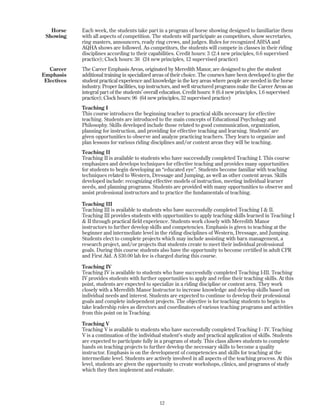 Horse
Showing
Career
Emphasis
Electives
Each week, the students take part in a program of horse showing designed to familiarize them
with all aspects of competition. The students will participate as competitors, show secretaries,
ring masters, announcers, ready ring crews, and judges. Rules for recognized AHSA and
AQHA shows are followed. As competitors, the students will compete in classes in their riding
disciplines according to their capabilities. Credit hours: 3 (2.4 new principles, 0.6 supervised
practice); Clock hours: 36 (24 new principles, 12 supervised practice)
The Career Emphasis Areas, originated by Meredith Manor, are designed to give the student
additional training in specialized areas of their choice. The courses have been developed to give the
student practical experience and knowledge in the key areas where people are needed in the horse
industry. Proper facilities, top instructors, and well structured programs make the Career Areas an
integral part of the students’ overall education. Credit hours: 8 (6.4 new principles, 1.6 supervised
practice); Clock hours: 96 (64 new principles, 32 supervised practice)
Teaching I
This course introduces the beginning teacher to practical skills necessary for effective
teaching. Students are introduced to the main concepts of Educational Psychology and
Philosophy. Skills developed include those related to good communication, organization,
planning for instruction, and providing for effective teaching and learning. Students’ are
given opportunities to observe and analyze practicing teachers. They learn to organize and
plan lessons for various riding disciplines and/or content areas they will be teaching.
Teaching II
Teaching II is available to students who have successfully completed Teaching I. This course
emphasizes and develops techniques for effective teaching and provides many opportunities
for students to begin developing an “educated eye”. Students become familiar with teaching
techniques related to Western, Dressage and Jumping, as well as other content areas. Skills
developed include: recognizing effective models of instruction, meeting individual learner
needs, and planning programs. Students are provided with many opportunities to observe and
assist professional instructors and to practice the fundamentals of teaching.
Teaching III
Teaching III is available to students who have successfully completed Teaching I & II.
Teaching III provides students with opportunities to apply teaching skills learned in Teaching I
& II through practical field experience. Students work closely with Meredith Manor
instructors to further develop skills and competencies. Emphasis is given to teaching at the
beginner and intermediate level in the riding disciplines of Western, Dressage, and Jumping.
Students elect to complete projects which may include assisting with barn management, a
research project, and/or projects that students create to meet their individual professional
goals. During this course students also have the opportunity to become certified in adult CPR
and First Aid. A $30.00 lab fee is charged during this course.
Teaching IV
Teaching IV is available to students who have successfully completed Teaching I-III. Teaching
IV provides students with further opportunities to apply and refine their teaching skills. At this
point, students are expected to specialize in a riding discipline or content area. They work
closely with a Meredith Manor Instructor to increase knowledge and develop skills based on
individual needs and interest. Students are expected to continue to develop their professional
goals and complete independent projects. The objective is for teaching students to begin to
take leadership roles as directors and coordinators of various teaching programs and activities
from this point on in Teaching.
Teaching V
Teaching V is available to students who have successfully completed Teaching I - IV. Teaching
V is a continuation of the individual student’s study and practical application of skills. Students
are expected to participate fully in a program of study. This class allows students to complete
hands on teaching projects to further develop the necessary skills to become a quality
instructor. Emphasis is on the development of competencies and skills for teaching at the
intermediate level. Students are actively involved in all aspects of the teaching process. At this
level, students are given the opportunity to create workshops, clinics, and programs of study
which they then implement and evaluate.
12
 