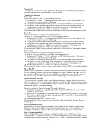 14
Training VI
Training VI is a continuation of the application of training skills and techniques applied to a
specialized area leading to a higher level of performance.
Training Certification
Level One
Requirements for the Level One Training Certification:
• Completion of Training I - II with a minimum 3.0 GPA and no more than 7 absences or
observations in any one quarter in Training
• Completion of the Riding Master II program or the equivalent level of equine studies
• 30 hours of logged training time; these hours will be completed on campus during the
regular course of study and will be documented in the student’s training log book
• Satisfactory completion of a written and practical examination
Upon completion of these requirements, the student will receive Level One Training Certification.
Level Two
Requirements for the Level Two Training Certification:
• Meet all requirements for the Level One Training Certification
• Completion of Training I – IV with a minimum 3.0 GPA and no more than 7 absences or
observations in any one quarter in Training
• Completion of the Riding Master III program or the equivalent level of equine studies
• 80 hours of logged training time; these hours will be completed on campus during the
regular course of study and will be documented in the student’s training log book
• Satisfactory completion of a written and practical examination
Upon completion of these requirements, the student will receive Level Two Training Certification.
Level Three
Requirements for the Level Three Training Certification:
• Meet all requirements for the Level Two Training Certification
• Completion of Training I –VI with a minimum 3.0 GPA and no more than 7 absences or
observations in any one quarter in Training
• Completion of the Riding Master V program or the equivalent level of equine studies
• 150 hours of logged training time; these hours will be completed on campus during the
regular course of study and will be documented in the student’s training log book
• Satisfactory completion of a written and practical examination
Upon completion of these requirements, the student will receive Level Three Training Certification.
Horse Health
Horse Health introduces the student to the practical skills necessary to administer basic first
aid and to identify common illnesses associated with the horse. Students also learn to set up
preventative health programs for the control of disease and parasites, and identify common
lamenesses along with those conformation faults that predispose lameness problems.
Equine Massage Therapy
This course teaches massage strokes and techniques, causes of muscular fatigue and soreness,
skeletal structure of the horse and muscles of the horse. Students will learn and practice massage
strokes and techniques on Meredith Manor school horses and have the school horses available to
evaluate the results of the massage therapy.
Requirements for the Equine Massage Therapy Certification
• Completion of Equine Massage Therapy with a minimum of 3.0 GPA and no more than
7 absences in the course
• Completion of Training I with a minimum 3.0 GPA and no more than 7 absences in the course
• 100 hours of logged hands-on equine massage time; these hours will be documented in the
student’s massage log book
• Satisfactory completion of a written exam
Upon completion of these requirements, the student will receive Equine Massage Therapy
Certification.
Farrier Craftsmanship I
Craftsmanship I is an introduction to shoeing. This class is geared to all horse individuals.
Students evaluate shoeing jobs, learn proper trimming, shape factory shoes, and start the
nailing process. Science portion of class covers the basic anatomy of the hoof and limb.
Farrier Craftsmanship II
This level is geared towards developing a working knowledge of the craft. Students work
more hands-on. The emphasis of this class is on shoe bending, leveling, and fitting the factory shoe.
Students also begin using the forge to modify the factory shoes. Science class covers hoof diseases.
 