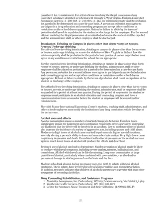 considered for re-instatement. For a first offense involving the illegal possession of any
controlled substance identified in Schedules III through V, West Virginia Uniform Controlled
Substances Act 60A - 2 - 208: 60A - 2 - 210; 60A - 2 - 212, the minimum penalty shall be probation
for a period to be determined on a case-by-case basis. A person on probation must agree to
participate in a drug education and counseling program and accept other conditions or
restrictions as the school deems appropriate. Refusal or failure to abide by the terms of
probation shall result in expulsion for the student or discharge for the employee. For the second
offense involving the illegal possession of a controlled substance the student shall be expelled
and the administrator, staff, or other employee shall be discharged.
Intoxication- Drinking on Campus in places other than dorm rooms or houses;
Arrests; Under-age drinking
For a first offense involving intoxication, drinking on campus in places other than dorm rooms
or houses, under-age drinking, or arrests for violations of West Virginia or Federal Law the
minimum penalty shall be probation for the period of one quarter. A person on probation must
agree to any conditions or restrictions the school deems appropriate.
For the second offense involving intoxication, drinking on campus in places other than dorm
rooms or houses, arrests, or under-age drinking the student, administrator, staff or other
employee shall be placed on probation for a period to be determined on a case-by-case basis.
Any person on probation for a second offense must agree to participate in an alcohol education
and counseling program and accept other conditions or restrictions as the school deems
appropriate. Refusal or failure to abide by the terms of probation shall result in expulsion of the
student or discharge of the employee.
For a third offense involving intoxication, drinking on campus in places other than dorm rooms
or houses, arrests, or under-age drinking the student, administrator, staff or employee shall be
suspended for a period of at least one quarter. During the period of suspension the student or
employee must participate in an alcohol education and counseling program and have a
recommendation from a counselor before the student or employee will be considered for
reinstatement.
Meredith Manor International Equestrian Centre’s students, teaching staff, administrators, and
other school employees must notify the Institution of any drug convictions within five days of
the occurrence.
Alcohol uses and effects
Alcohol consumption causes a number of marked changes in behavior. Even low doses
significantly impair the judgement and coordination required to drive a car safely, increasing
the likelihood that the driver will be involved in an accident. Low to moderate doses of alcohol
also increase the incidence of a variety of aggressive acts, including spouse and child abuse.
Moderate to high doses of alcohol cause marked impairments in higher mental functions,
severely altering a person’s ability to learn and remember information. Very high doses cause
respiratory depression and death. If combined with other depressants of the central nervous
system, much lower doses of alcohol will produce the effects just described.
Repeated use of alcohol can lead to dependence. Sudden cessation of alcohol intake is likely
to produce withdrawal symptoms, including severe anxiety, tremors, hallucinations, and
convulsions. Alcohol withdrawal can be life-threatening. Long-term consumption of large
quantities of alcohol, particularly when combined with poor nutrition, can also lead to
permanent damage to vital organs such as the brain and the liver.
Mothers who drink alcohol during pregnancy may give birth to infants with fetal alcohol
syndrome. These infants have irreversible physical abnormalities and mental retardation.
In addition, research indicates that children of alcoholic parents are at greater risk than other
youngsters of becoming alcoholics.
Drug Counseling Rehabilitation, and Assistance Programs
1. Alcoholics Anonymous, Inc. Parkersburg, WV http://www.aawv.org/site/district_4.php
2. Westbrook Health Services, Parkersburg, WV (304) 485-1721
3. Center for Substance Abuse Treatment and Referral Hotline. (1-800-662-HELP)
27
 