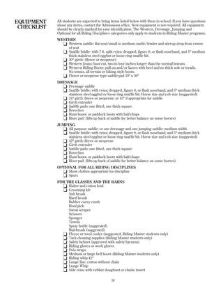 All students are expected to bring items listed below with them to school. If you have questions
about any items, contact the Admissions office. New equipment is not required. All equipment
should be clearly marked for easy identification. The Western, Dressage, Jumping and
Optional for all Riding Disciplines categories only apply to students in Riding Master programs.
WESTERN
K Western saddle: flat seat/small to medium cantle/fender and stirrup drop from center
of seat
K Snaffle bridle: with 7 ft. split reins; dropped, figure 8, or flash noseband, and 5" medium
thick stainless steel eggbut or loose ring snaffle bit.
K 30" girth: (fleece or neoprene)
K Western Jeans: boot cut, two to four inches longer than the normal inseam.
K Western Riding Boots: pull on and/or lacers with heel and no thick sole or treads.
No tennis, all terrain or hiking style boots.
K Fleece or neoprene type saddle pad 30" x 30"
DRESSAGE
K Dressage saddle
K Snaffle bridle: with reins; dropped, figure 8, or flash noseband; and 5" medium thick
stainless steel eggbut or loose ring snaffle bit. Horse size and cob size (suggested)
K 24" girth: fleece or neoprene; or 42" if appropriate for saddle
K Girth extender
K Saddle pads: one fitted, one thick square
K Breeches
K Hunt boots: or paddock boots with half chaps
K Riser pad: (lifts up back of saddle for better balance on some horses)
JUMPING
K All purpose saddle: or one dressage and one jumping saddle: medium width
K Snaffle bridle: with reins; dropped, figure 8, or flash noseband; and 5" medium thick
stainless steel eggbut or loose ring snaffle bit. Horse size and cob size (suggested)
K 42" girth: fleece or neoprene
K Girth extender
K Saddle pads: one fitted, one thick square
K Breeches
K Hunt boots: or paddock boots with half chaps
K Riser pad: (lifts up back of saddle for better balance on some horses)
OPTIONAL FOR ALL RIDING DISCIPLINES
K Show clothes appropriate for discipline
K Spurs
FOR THE CLASSES AND THE BARNS
K Halter and cotton lead
K Grooming kit:
Soft brush
Hard brush
Rubber curry comb
Hoof pick
Sweat scraper
Scissors
Sponges
Towels
Spray bottle (suggested)
Hairbrush (suggested)
K Fleece or wool cooler (suggested, Riding Master students only)
K Tack cleaning supplies (Riding Master students only)
K Safety helmet (approved with safety harness)
K Riding gloves or work gloves
K Polo wraps
K Medium or large bell boots (Riding Master students only)
K Riding whip 42"
K Lunge line: cotton without chain
K Lunge Whip
K Side reins with rubber doughnut or elastic insert
38
EQUIPMENT
CHECKLIST
 