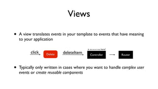 Views
• A view translates events in your template to events that have meaning
to your application
• Typically only written in cases where you want to handle complex user
events or create reusable components
click Delete Controller Router
deleteItem
is deleteItem here?
 