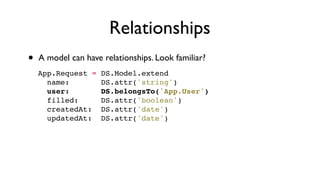 Relationships
• A model can have relationships. Look familiar?
App.Request = DS.Model.extend
  name:       DS.attr('string')
  user:       DS.belongsTo('App.User')
  filled:     DS.attr('boolean')
  createdAt:  DS.attr('date')
  updatedAt:  DS.attr('date')
 