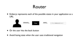 Router
• Ember.js represents each of the possible states in your application as a
URL
• Or the user hits the back button
• Avoid losing state when the user uses traditional navigation
View
interacts event
 