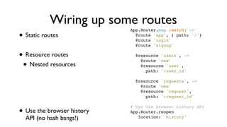 Wiring up some routes
• Static routes
• Resource routes
• Nested resources
• Use the browser history
API (no hash bangs!)
App.Router.map (match) ->
  @route 'app', { path: '/'}
  @route 'login'
  @route 'signup'
 
  @resource 'users', ->
    @route 'new'
    @resource 'user',
      path: ':user_id'
 
  @resource 'requests', ->
    @route 'new'
    @resource 'request',
      path: ':request_id'
 
# Use the browser history API
App.Router.reopen
   location: 'history'
 