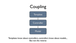 Coupling
Template
Controller
Model
Templates know about controllers, controllers know about models...
But not the reverse
 