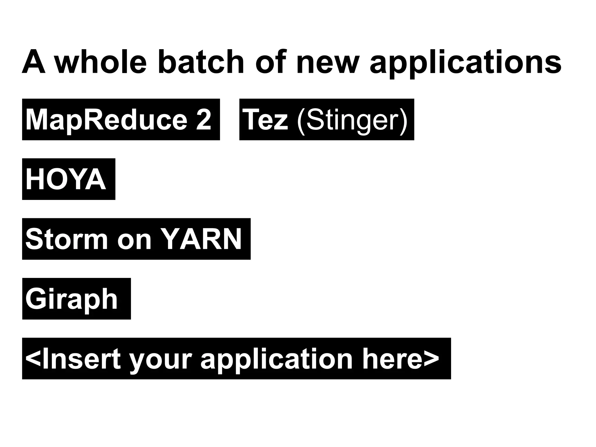 Storm on YARN
A whole batch of new applications
HOYA
Tez (Stinger)MapReduce 2
Giraph
<Insert your application here>
 