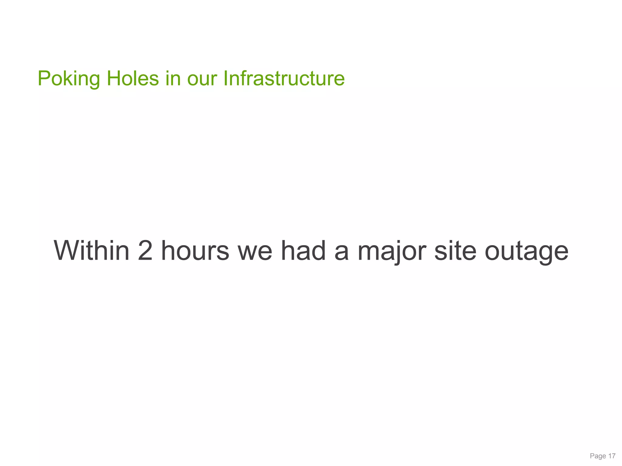 Poking Holes in our Infrastructure

Within 2 hours we had a major site outage

Page 17

 