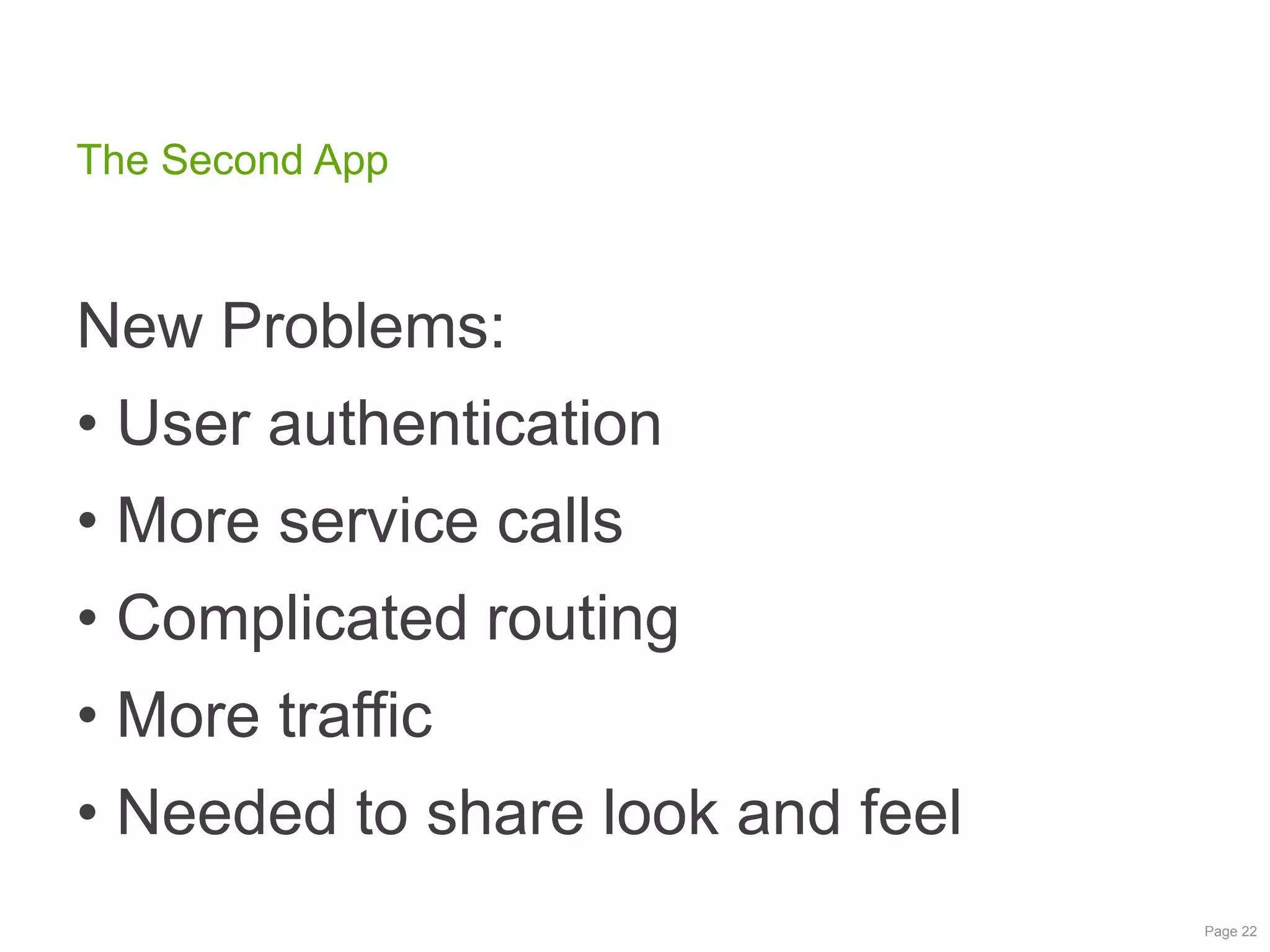 The Second App

New Problems:
• User authentication
• More service calls
• Complicated routing
• More traffic

• Needed to share look and feel
Page 22

 