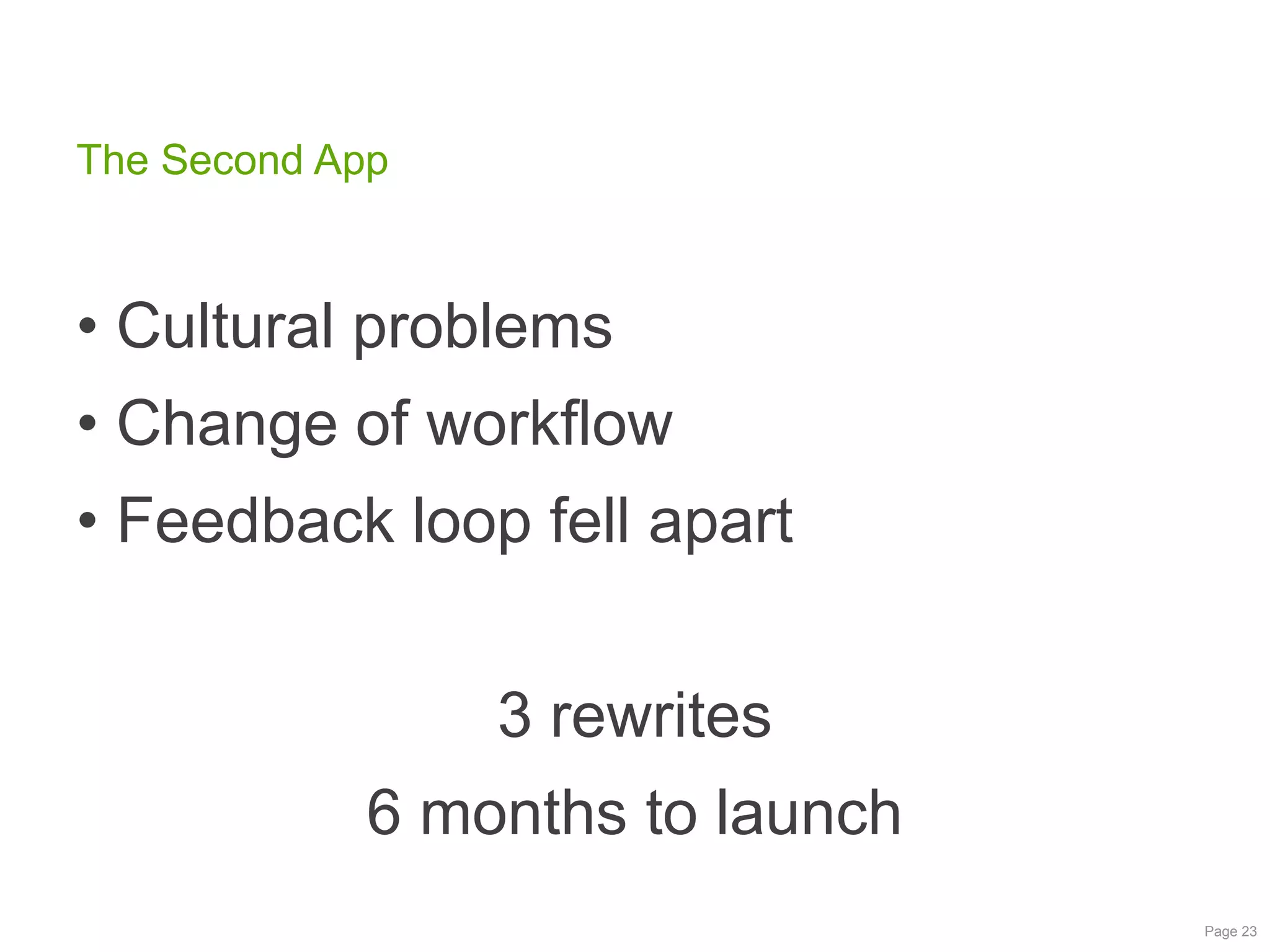 The Second App

• Cultural problems
• Change of workflow
• Feedback loop fell apart
3 rewrites

6 months to launch
Page 23

 