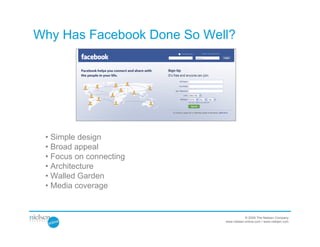 Why Has Facebook Done So Well?




 • Simple design
 • Broad appeal
 • Focus on connecting
 • Architecture
 • Walled Garden
 • Media coverage


                                        © 2009 The Nielsen Company
                            www.nielsen-online.com / www.nielsen.com
 