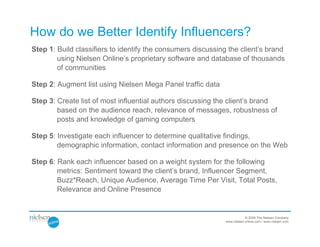 How do we Better Identify Influencers?
Step 1: Build classifiers to identify the consumers discussing the client’s brand
        using Nielsen Online’s proprietary software and database of thousands
        of communities

Step 2: Augment list using Nielsen Mega Panel traffic data

Step 3: Create list of most influential authors discussing the client’s brand
        based on the audience reach, relevance of messages, robustness of
        posts and knowledge of gaming computers

Step 5: Investigate each influencer to determine qualitative findings,
        demographic information, contact information and presence on the Web

Step 6: Rank each influencer based on a weight system for the following
        metrics: Sentiment toward the client’s brand, Influencer Segment,
        Buzz*Reach, Unique Audience, Average Time Per Visit, Total Posts,
        Relevance and Online Presence


                                                                          © 2009 The Nielsen Company
                                                              www.nielsen-online.com / www.nielsen.com
 