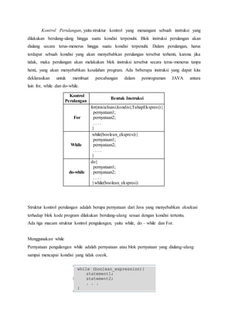 Kontrol Perulangan, yaitu struktur kontrol yang menangani sebuah instruksi yang
dilakukan berulang-ulang hingga suatu kondisi terpenuhi. Blok instruksi perulangan akan
diulang secara terus-menerus hingga suatu kondisi terpenuhi. Dalam perulangan, harus
terdapat sebuah kondisi yang akan menyebabkan perulangan tersebut terhenti, karena jika
tidak, maka perulangan akan melakukan blok instruksi tersebut secara terus-menerus tanpa
henti, yang akan menyebabkan kesalahan program. Ada beberapa instruksi yang dapat kita
deklarasikan untuk membuat percabangan dalam pemrograman JAVA antara
lain for, while dan do-while.
Kontrol
Perulangan
Bentuk Instruksi
For
for(inisialisasi;kondisi;TahapEkspresi){
pernyataan1;
pernyataan2;
. . . .
}
While
while(boolean_ekspresi){
pernyataan1;
pernyataan2;
. . . .
}
do-while
do{
pernyataan1;
pernyataan2;
. . . .
}while(boolean_ekspresi)
Struktur kontrol perulangan adalah berupa pernyataan dari Java yang menyebabkan eksekusi
terhadap blok kode program dilakukan berulang-ulang sesuai dengan kondisi tertentu.
Ada tiga macam struktur kontrol pengulangan, yaitu while, do – while dan For.
Menggunakan while
Pernyataan pengulangan while adalah pernyataan atau blok pernyataan yang diulang-ulang
sampai mencapai kondisi yang tidak cocok.
 