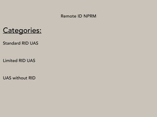 Remote ID NPRM
Categories:
Standard RID UAS
Limited RID UAS
UAS without RID
 