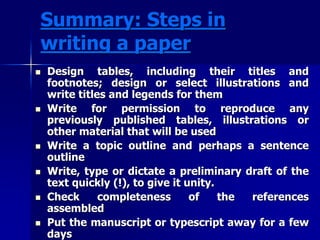 Summary: Steps in 
writing a paper 
 Design tables, including their titles and 
footnotes; design or select illustrations and 
write titles and legends for them 
 Write for permission to reproduce any 
previously published tables, illustrations or 
other material that will be used 
 Write a topic outline and perhaps a sentence 
outline 
 Write, type or dictate a preliminary draft of the 
text quickly (!), to give it unity. 
 Check completeness of the references 
assembled 
 Put the manuscript or typescript away for a few 
days 
 