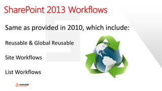 SharePoint 2013 Workflows
Same as provided in 2010, which include:
Reusable & Global Reusable
Site Workflows
List Workflows
 