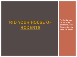 Rodents can
RID YOUR HOUSE OF   be an icky
                    problem, but
     RODENTS        Slug-a-Bug is
                    here to help!
 