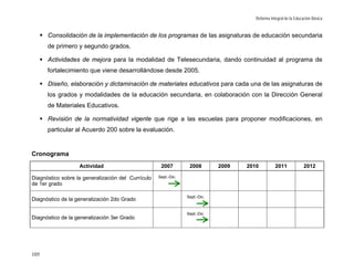 Reforma Integral de la Educación Básica


      Consolidación de la implementación de los programas de las asignaturas de educación secundaria
      de primero y segundo grados.

      Actividades de mejora para la modalidad de Telesecundaria, dando continuidad al programa de
      fortalecimiento que viene desarrollándose desde 2005.

      Diseño, elaboración y dictaminación de materiales educativos para cada una de las asignaturas de
      los grados y modalidades de la educación secundaria, en colaboración con la Dirección General
      de Materiales Educativos.

      Revisión de la normatividad vigente que rige a las escuelas para proponer modificaciones, en
      particular al Acuerdo 200 sobre la evaluación.


Cronograma
                   Actividad                         2007         2008        2009   2010          2011             2012

Diagnóstico sobre la generalización del Currículo   Sept.-Dic.
de 1er grado

                                                                 Sept.-Dic.
Diagnóstico de la generalización 2do Grado

                                                                 Sept.-Dic.
Diagnóstico de la generalización 3er Grado




105
 