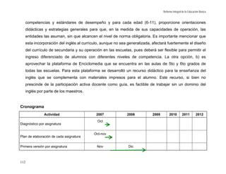 Reforma Integral de la Educación Básica


   competencias y estándares de desempeño y para cada edad (6-11), proporcione orientaciones
   didácticas y estrategias generales para que, en la medida de sus capacidades de operación, las
   entidades las asuman, sin que alcancen el nivel de norma obligatoria. Es importante mencionar que
   esta incorporación del inglés al currículo, aunque no sea generalizada, afectará fuertemente el diseño
   del currículo de secundaria y su operación en las escuelas, pues deberá ser flexible para permitir el
      ingreso diferenciado de alumnos con diferentes niveles de competencia. La otra opción, b) es
      aprovechar la plataforma de Enciclomedia que se encuentra en las aulas de 5to y 6to grados de
      todas las escuelas. Para esta plataforma se desarrolló un recurso didáctico para la enseñanza del
   inglés que se complementa con materiales impresos para el alumno. Este recurso, si bien no
   prescinde de la participación activa docente como guía, es factible de trabajar sin un dominio del
   inglés por parte de los maestros.


Cronograma
                Actividad                   2007            2008          2009        2010        2011        2012
                                            Oct
Diagnóstico por asignatura

                                          Oct-nov
Plan de elaboración de cada asignatura

Primera versión por asignatura              Nov              Dic



112
 