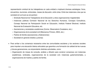 Reforma Integral de la Educación Básica


   representación sindical de los trabajadores en cada entidad e implicará diversas estrategias: foros,
   encuentros, reuniones, entrevistas, mesas de discusión, entre otras. Entre las instancias a las que se
  someterá el currículo se encuentran:
        – Sindicato Nacional de Trabajadores de la Educación y otras organizaciones magisteriales
        – Instancias públicas Comisión Nacional de los Derechos Humanos, Consejos Consultivos,
          Consejo Nacional de Participación Social en Educación, Instituto Federal Electoral, Instituto
          Nacional de Evaluación Educativa, etc.
        – Asociaciones y sociedades académicas (Comie, Observatorio Ciudadano, etc.)
        – Organizaciones de la sociedad civil (Mexicanos Primero, IDEA, etc.)
        – Padres de familia (asociaciones y federaciones)
        – Sociedad en general (medios y prensa)


• Para arribar a los consensos necesarios entre las comunidades escolares y los sectores sociales
      para impulsar una educación básica articulada que garantice una formación de calidad de las nuevas
      y futuras generaciones, se emprenderán distintas actividades, como:
      – Organización de mesas de consulta, análisis y difusión para construir consensos con instancias
        académicas, sindicales, organizaciones de la sociedad civil, instancias gubernamentales, y
        organizaciones de madres y padres de familia.




114
 