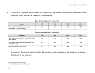 Reforma Integral de la Educación Básica




•         En cuanto a cobertura en los niveles de preescolar y secundaria, como puede observarse en las
          siguientes tablas, también se ha venido incrementando.


                                                     Cobertura en educación preescolar

                         Indicador                           2001             2002       2003                      2004

    Tasa neta de matriculación en educación                  51.2             55.5       58.6                      63.1
    preescolar (3 a 5 años de edad)


                                                     Cobertura en educación secundaria

                         Indicador                           1990             1995       2000                      2003

    Tasa neta de nuevo ingreso a secundaria (12 a 14         n.d.             n.d.       50.0                      56.0
    años de edad)

    Tasa neta de matriculación en secundaria (12 a           49.9             56.0       65.9                      72.4
    14 años de edad)

    Eficiencia terminal en secundaria                        73.9             75.8       74.9                      79.7



    • En resumen, de acuerdo con Fernández Santamaría 4 pueden destacarse las siguientes fortalezas y
          debilidades de los sistemas:



    4
        Fernández Santamaría, M. R. Op. Cit.


    18
 