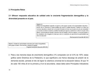 Reforma Integral de la Educación Básica


2. Principales Retos


2.1 Ofrecer respuesta educativa de calidad ante la creciente fragmentación demográfica y la
diversidad presente en el país.


                                                        Objetivo 10
                                                        Reducir las desigualdades regionales, de género y entre grupos sociales en las oportunidades educativas.
                                                        Invertir más en educación es imprescindible para elevar la calidad educativa. También lo es llevar los
                                                        servicios educativos a donde más se necesitan. No basta con tener una escuela cerca de una comunidad;
                                                        se necesita un entorno económico y familiar favorable para ingresar y mantenerse en ella. En un país como
                                                        México, caracterizado por elevados contrastes entre las familias y entre las regiones, es necesario apoyar a
                                                        los estudiantes más rezagados de modo que estén en condiciones de aprovechar las oportunidades que
                                                        ofrece la educación.
                                                                                                                             Plan Nacional de Desarrollo 2007-2012




Objetivo 2. Ampliar las oportunidades educativas para reducir desigualdades
entre grupos sociales, cerrar brechas e impulsar la equidad.
                                     Programa Sectorial de Educación 2007-2012




• Pese a las menores tasas de crecimiento demográfico (1% comparado con el 3.4% de 1970, véase
     gráfica sobre Dinámica de la Población), lo que significaría una franca descarga de presión de la
     demanda escolar, persiste el reto de lograr la cobertura universal de la educación básica. El que 14
     de cada 100 niños (6 en la primaria y 8 en la secundaria, véase tabla sobre Principales Indicadores


30
 